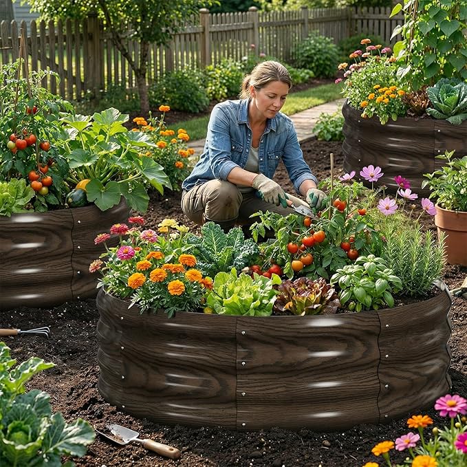 DoCred 3 Pack 3x3x1Ft Round Galvanized Raised Garden Bed Metal Garden Bed Outdoor Kit for Gardening Above Ground Planter Box for Plants Vegetables Herbs Flowers Wood Grain
