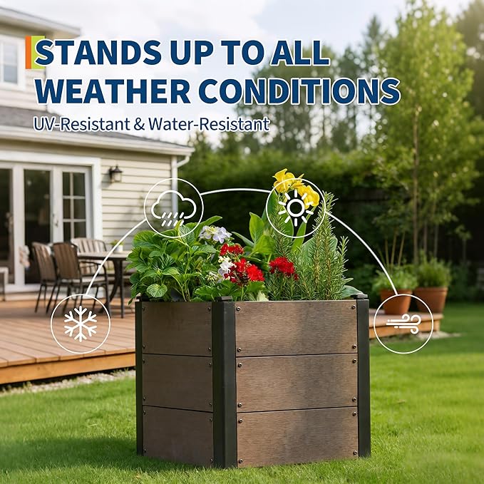 Wood Look Elevated Garden Bed for Patio Deep Root Planter Box with Durable Composite Material Space-Saving Outdoor Garden for Vegetables &amp Herbs Easy Assembly19 x 19x 17with Bottom