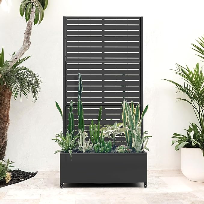 Metal Trellis Planter Box with Wheels Standing Privacy Planters for Patio Garden Boxes with Trellis for Climbing Plants (35 L×24 W×71 H Black)
