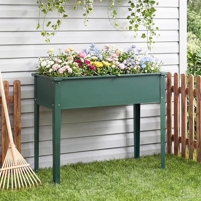 Giantex Metal Raised Garden Bed with Legs 40”x16”x32” Elevated Planter Box with Drainage Holes for Vegetable Fruit Flower Herb Outdoor Standing Gardening Box for Balcony Backyard Patio Porch Green