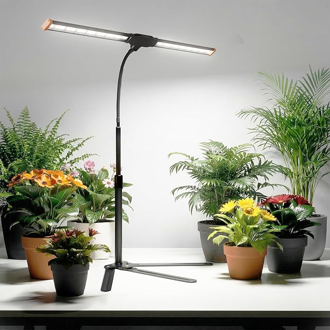 Grow Light for Indoor Plants6000K (100W Equiv) White Full Spectrum Growing Lamp with Base Stand for Home Office Desk top Pot Plants Growth Timer 4/8/12Hrs &amp Height Extendable 10-25''