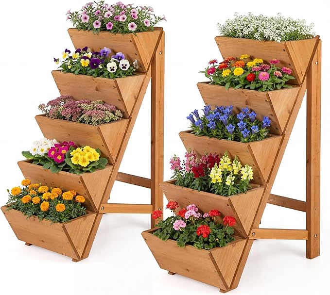 HAPPYGRILL Vertical Raised Garden Bed Freestanding Wood Elevated Planter Box w/Legs for Growing Vegetables Flowers Herbs Indoor Outdoor Tiered Plant Stand for Patio Yard Balcony Corner (25-Tier)