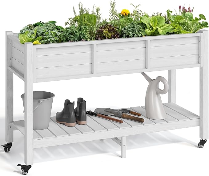 YITAHOME Raised Garden Bed HDPE 47x18x31In Raised Flower Bed Poly-Wood Weather-Resistant Elevated Planter Box with Lockable Wheels &amp Storage Shelf for Vegetable Flower White