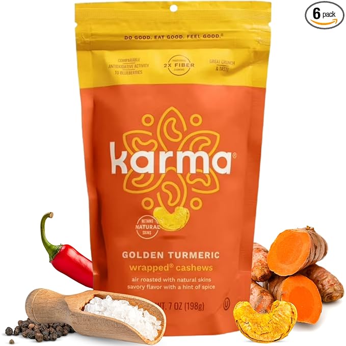 Golden Turmeric Wrapped Whole Cashews by Karma Nuts Air Roasted with Natural Skins 2X more Fiber Whole 30 Peanut-Free Facility Kosher Everyday Nut Snack 7oz Resealable Bag - 6 pack