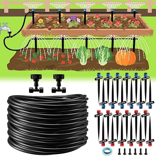 118FT Drip Irrigation System Garden Watering System Quick-Connect Drip Irrigation Kit for Lawn Raised Bed Greenhouse Plant Watering System with 1/4'' Drip IrrigationTubing Drip EmittersConnectors
