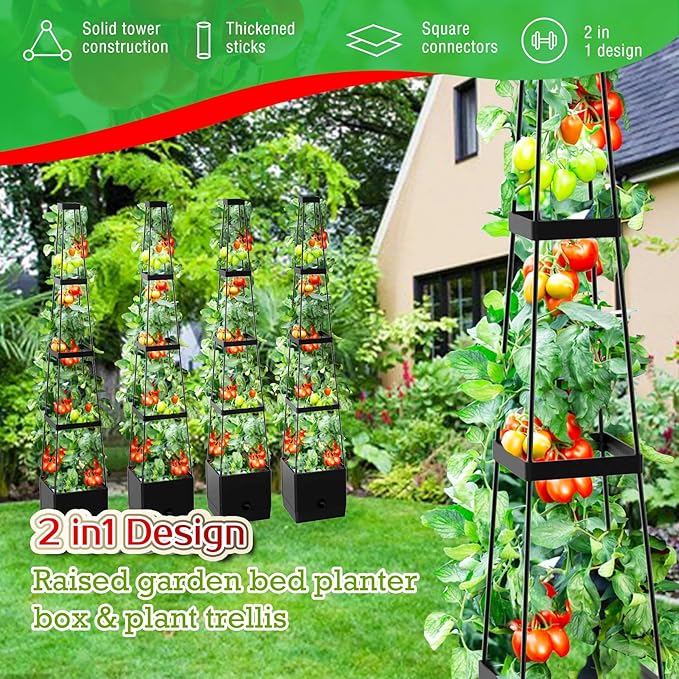 Raised Garden Bed Planter Boxes &amp Trellis vanpein Tomato Cage &amp Planter Pot Outdoor 59 Plant Support with Self Watering for Climbing Vegetable Flowers Vines Plants Gray