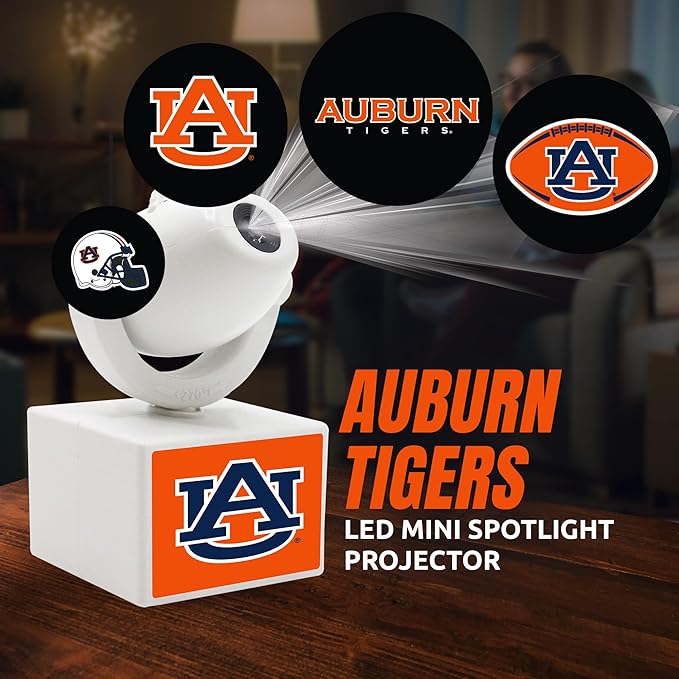 Sporticulture NCAA American Football Auburn Tigers - Adjustable Led Mini Spotlight Projector with 6 Team Logo Designs - Portable &amp Rechargeable Spotlight - Battery-Operated - 4.375” x 3.125”