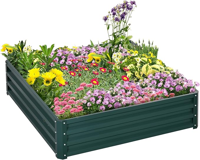 Galvanized Raised Garden Bed 4' x 4' x 1' Metal Planter Box for Vegetables Flowers Herbs Succulents with Open Bottom and Weather-Resistant Coating Green
