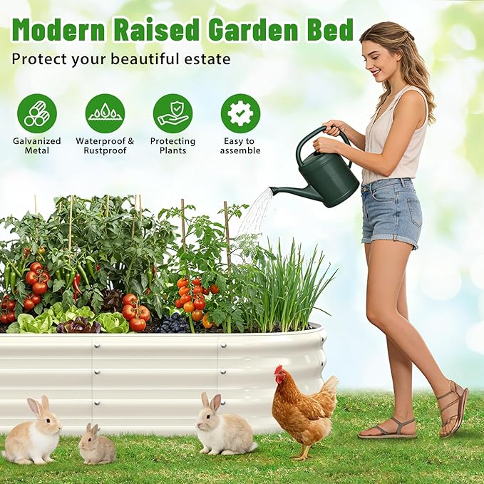 Oval Raised Garden Bed 5 x 2 x 1FT Galvanized Steel Planter Box with Wave-Shaped Metal Panels Painted for Outdoor FlowerTreeHerb &amp Vegetable Garden (White 60X24X12 inches)