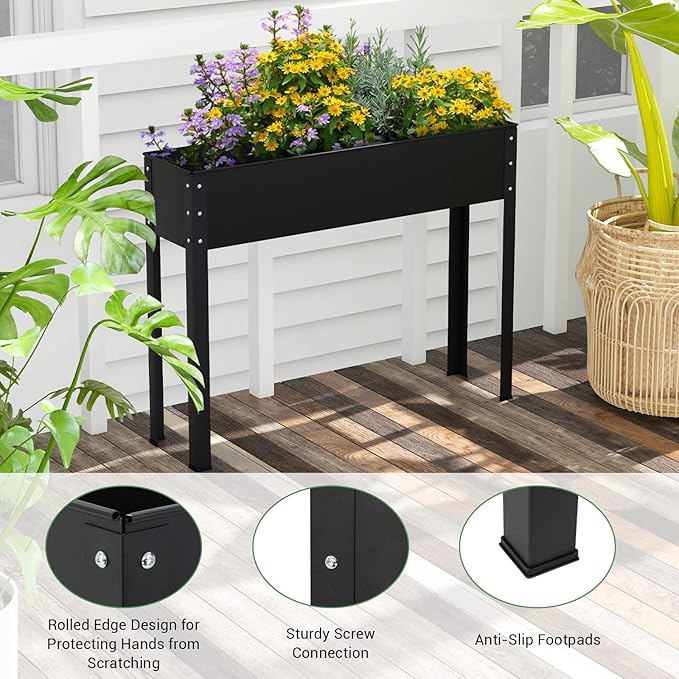 Giantex Raised Garden Bed Metal Planter Box with Legs Drain Hole Outdoor Indoor Elevated Garden Box for Vegetable Flower Herb Fruit Standing Raised Beds for Backyard Porch Balcony Black