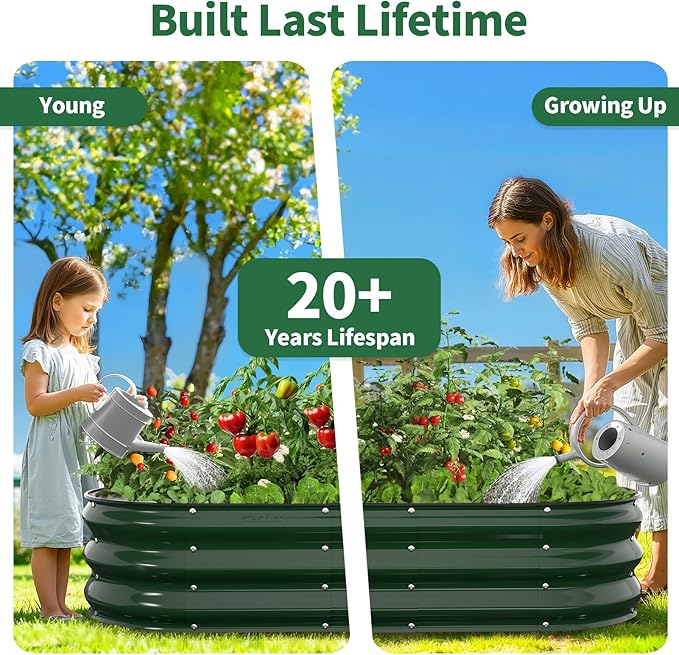 Kesfitt Raised Garden Bed 4x2x1 FT Galvanized Steel Metal Raised Garden Bed Oval Open-Bottom Design 12-Inch Deep for Outdoor Vegetable &amp Herb Gardening Forest Green
