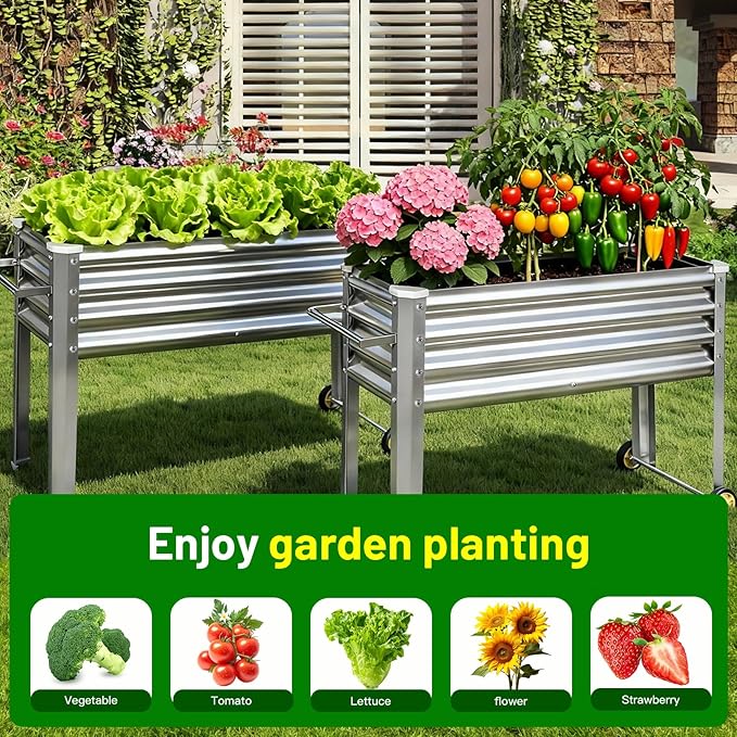 Land Guard 2 Pack Galvanized Raised Garden Bed with Legs &amp Wheels 48×18×32in Metal Elevated Raised Planter Box for Backyard Patio Balcony 500lb Capacity Silver