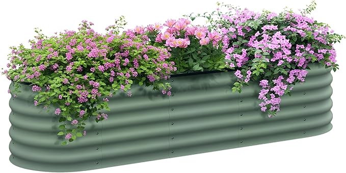 Outsunny 6.5' x 2' x 1.4' Galvanized Raised Garden Bed Kit Outdoor Metal Elevated Planter Box with Safety Edging Easy DIY Stock Tank for Growing Flowers Herbs &amp Vegetables Green