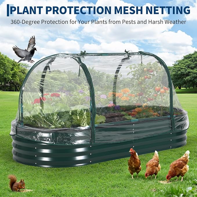 Garvee Large Oval Galvanized Raised Garden Bed Kit with Cover Zippered Screen Doors Open Base Design Thick Steel Easy Assembly Planter Box for Vegetables Flowers