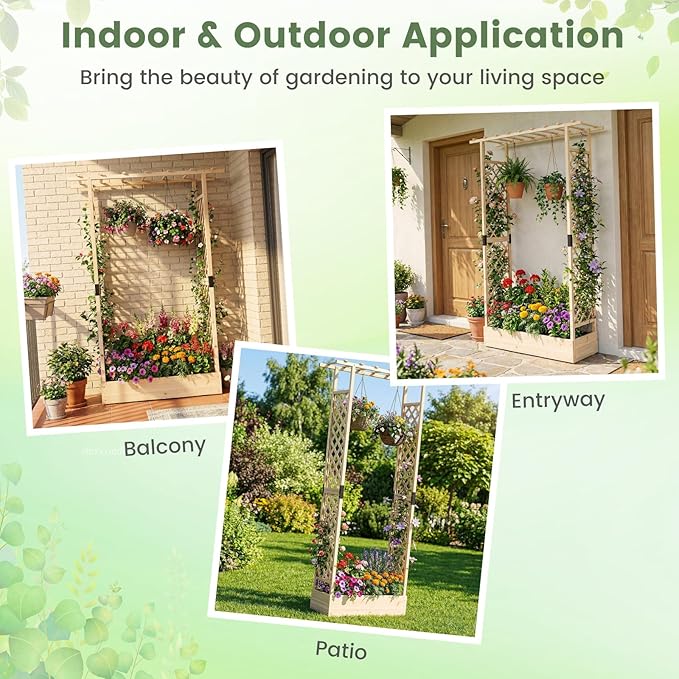 Giantex Wooden Raised Garden Bed with Trellis &amp Hanging Roof 2 Pack Fir Wood Planter Box 89” Freestanding Elevated Garden Bed for Outdoor Climbing Plants Vegetables Flowers Patio &amp Balcony