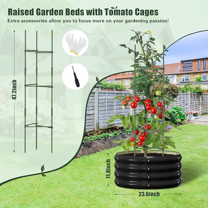 DoCred 3 Pack 2x2x1Ft Round Galvanized Raised Garden Bed Metal Garden Bed Outdoor with Tomato Cages for Gardening Above Ground Planter Box for Plants Vegetables Herbs Flowers Black