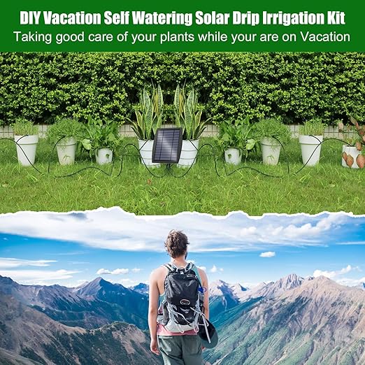 Solar Automatic Drip Irrigation Kit System Solar Powered Auto Easy DIY Watering Device Supported Pots Plants 12 Timing Modes with Anti-Siphoning Device (Supported 20-30 Pots 12Timing Modes)