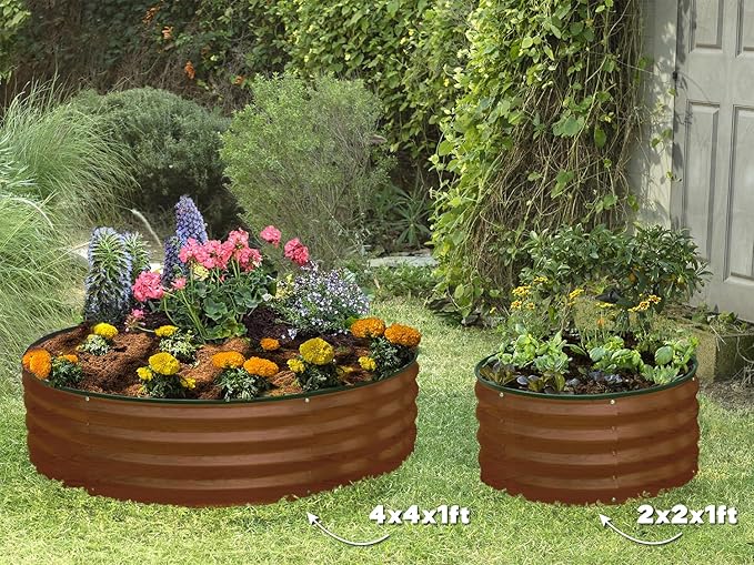 Round Galvanized Raised Garden Bed // 2×2×1 ft (3-Pack) Galvanized Raised Garden Beds Outdoor for Gardening Vegetables Flowers (Dark Wood Grain) // Patented Tool-Free Design Round Planter