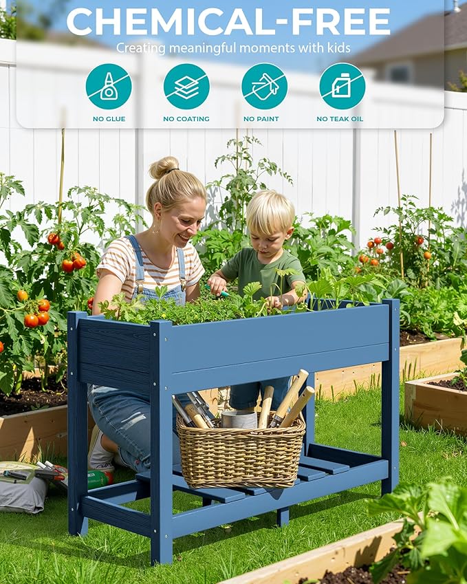 SERWALL Raised Garden Bed with Legs Set of 2 43×17×30 Large HDPE Elevated Planter Box for Vegetables Flower Herb Patio All Weather Use- Blue