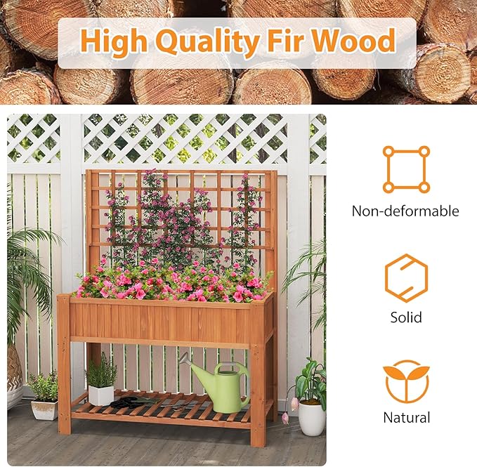 Giantex Raised Garden Bed with Trellis Wooden Elevated Planter Box with Legs Drainage Holes for Climbing Plants Vines Vegetables Flowers Herbs Outdoor Horticulture Planter for Patio Yard (Brown)