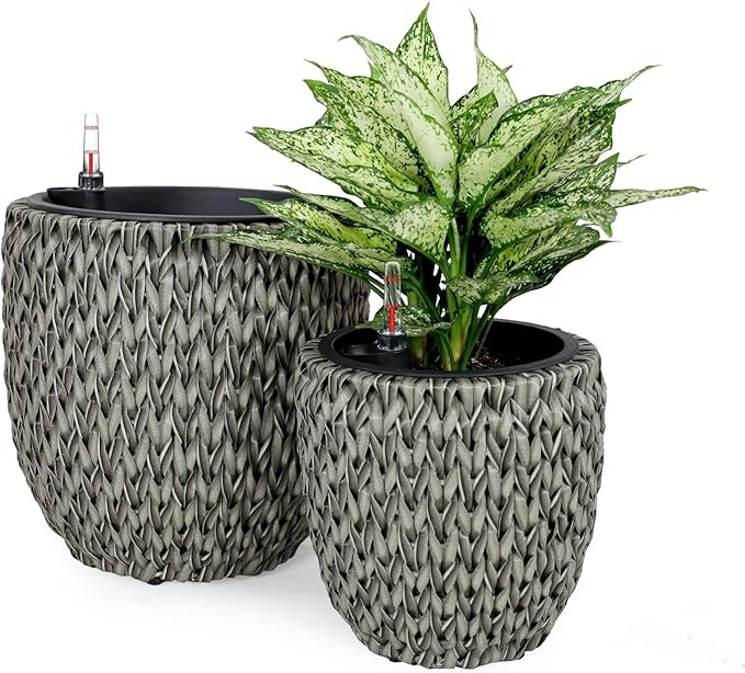 Generic 2 Pack Self Watering Wicker Planter Garden Decoration Pot Round Gray
