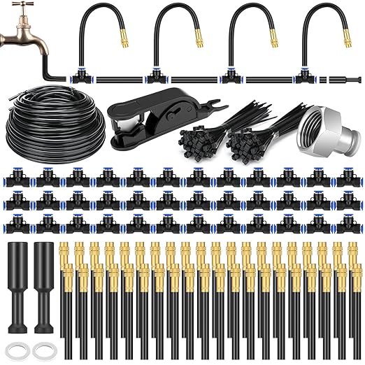 147ft Drip Irrigation Kit 5/16 Tube Automatic Watering System with 45pcs 360° Adjustable Brass Nozzles Water Saving DIY for Garden Lawn Yard Greenhouse Plants