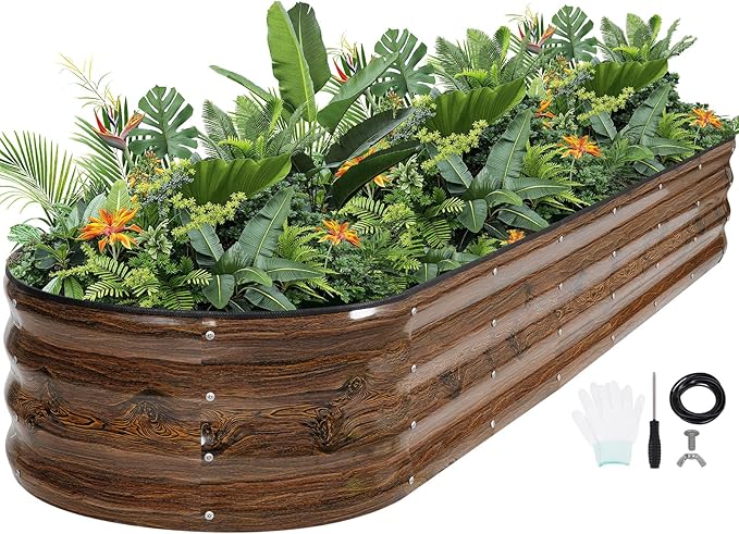 G GOOD GAIN Raised Garden Beds - 8x2x1ft Galvanized Planter Boxes Kit with Protective Tape &amp Gloves &amp Tools | Oval Metal Outdoor Raised Bed for Gardening Vegetables Fruits Flowers Herbs Gr