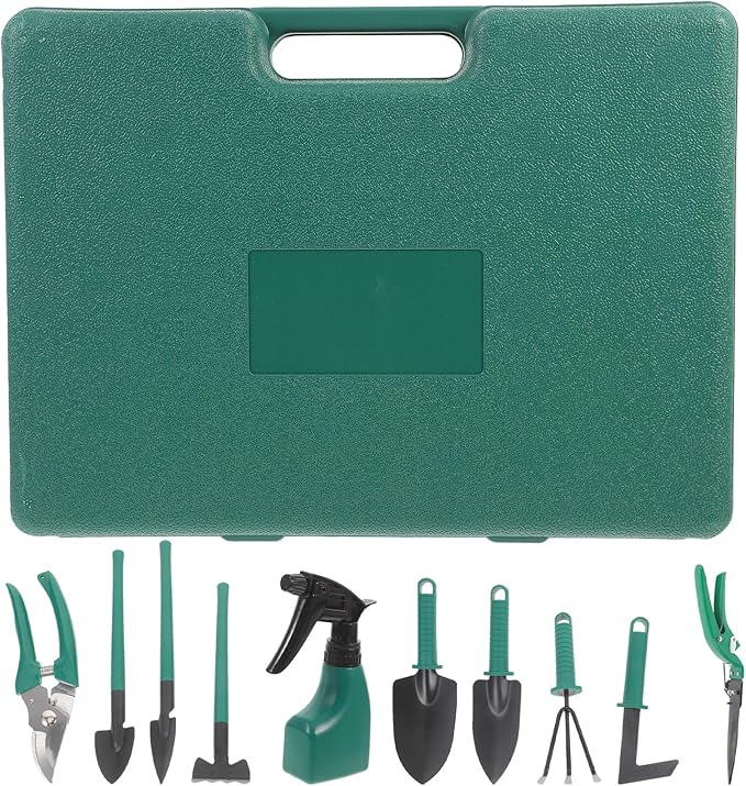 DECHOUS 10pcs Gardening Tool Set with Metal Shovels and Rakes Portable Garden Tools Kit with Carrying Case for Outdoor Planting and Pruning