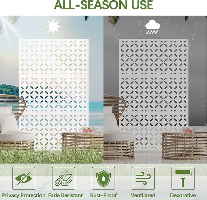 Cofar Metal Privacy Screen Outdoor 72 H×44 W -White Freestanding Outdoor Privacy Panels with Stand Decorative Fence for Patio Deck Balcony（Clover）