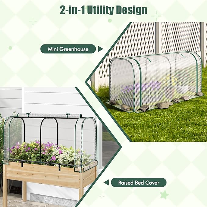 Happygrill Raised Garden Bed with Greenhouse Cover Raised Bed with Legs &amp Drainage Holes for Herbs Vegetables Outdoor Wood Elevated Planter Box for Patio Backyard Balcony (White+Natural)