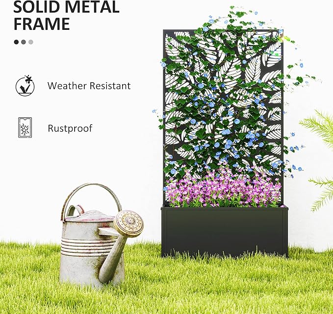 Outsunny Metal Raised Garden Bed with Trellis for Climbing Plants Freestanding or Wall Mounted Flower Bed with Privacy Panel Small Leaves Cut-Outs Outdoor Planter Box for Garden Patio Balcony