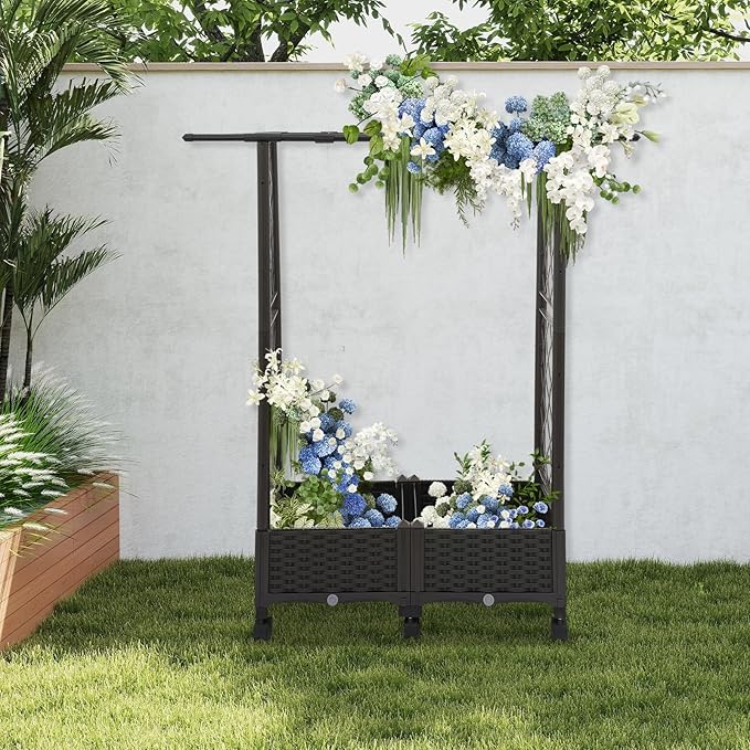 Planter Box with Trellis Self-Watering Raised Garden Bed for Outdoor &amp Indoor Use Large Mobile Vertical Planter for Flowers Vegetables &amp Herbs 6 Wheels