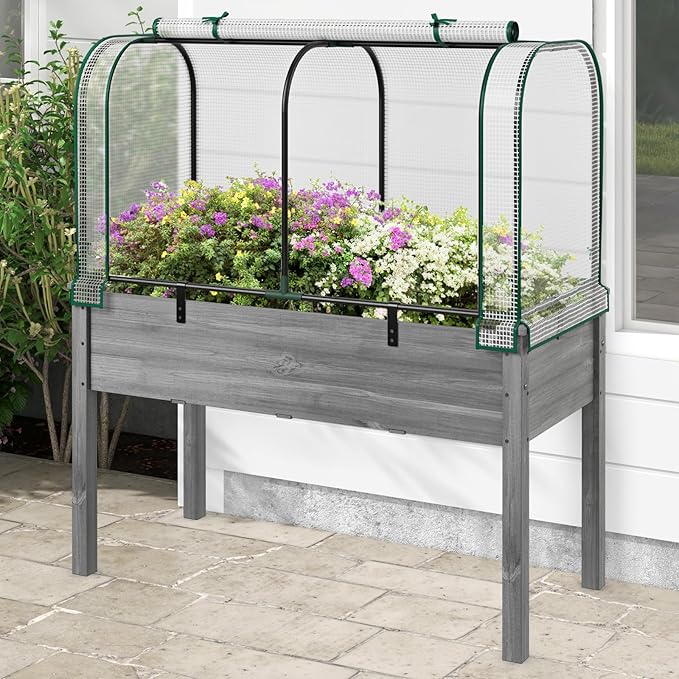 Happygrill Raised Garden Bed with Greenhouse Cover Raised Bed with Legs &amp Drainage Holes for Herbs Vegetables Outdoor Wood Elevated Planter Box for Patio Backyard Balcony (White+Grey)