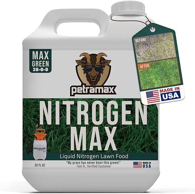 Petramax Liquid Nitrogen Fertilizer 28-0-0 NPK - 32 Oz Spring &amp Summer Liquid Grass Fertilizer for Lawn Spray on Easy to Apply for Deep Green Lawn Care - Slow Release High Nitrogen Turf Builder