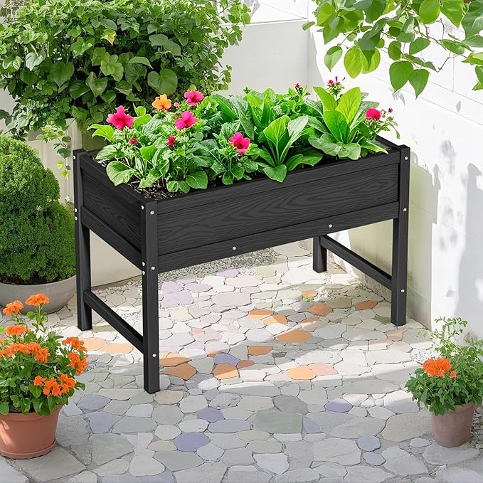 HDPE Raised Garden Planting Bed with LegsGarden Boxes Outdoor Raised with Drainage Hole Rot-ResistantRaised Beds for Gardening for Backyard Patio Balcony 300 lb Capacity (Black)