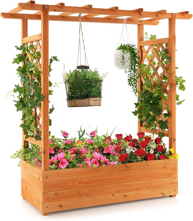 IRONMAX Raised Garden Bed with Trellis &amp Hanging Roof Fir Wood Planter Box for Vegetables Flower Climbing Plants Outdoor Garden Planter w/Drainage Holes for Backyard (1 43.5 x 17.5 x 44.5)