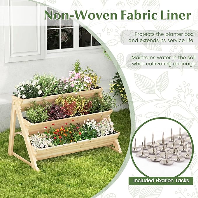 3-Tiers Raised Garden Bed Wooden Garden Planter with 3 Planter Box &amp Storage Shelf 2 Convenient Side Hooks Outdoor Elevated Plant Box Stand with Leg for Flowers Vegetables