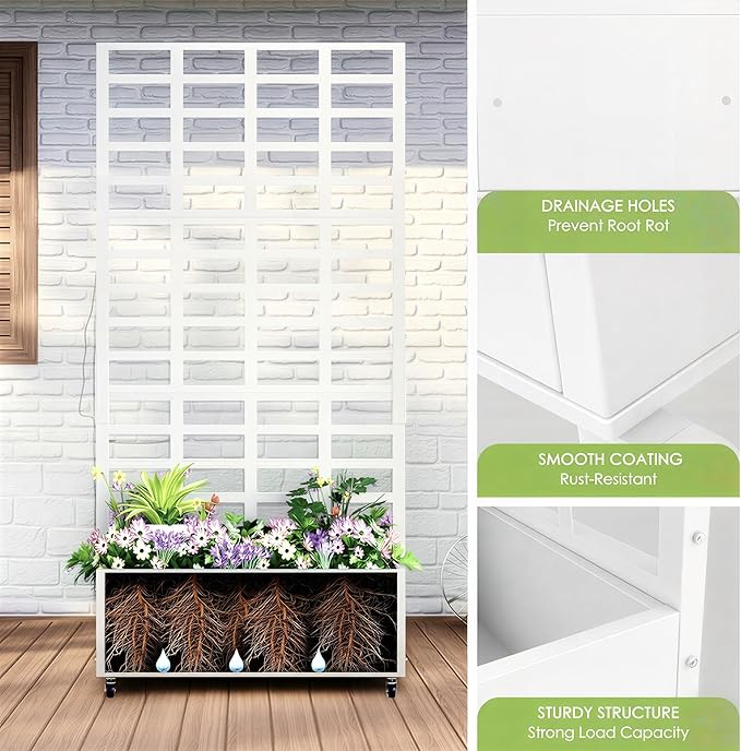 Metal Planter Box with Trellis for Climbing Plants 74.8x35.83x15.16 Raised Garden Bed with Privacy Screen Outdoor Planter with Drainage Holes White
