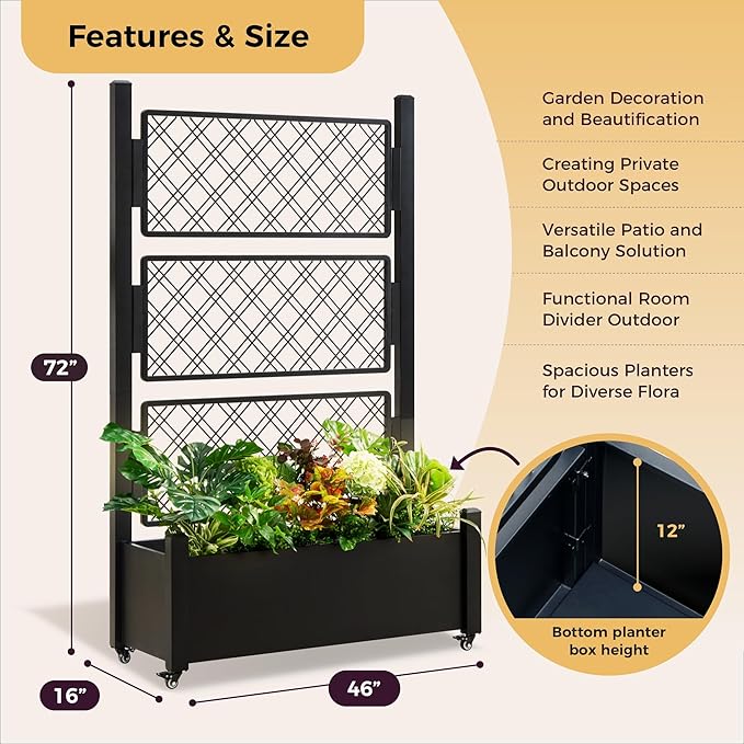 Metal Raised Garden Bed with Trellis 72Hx46Wx16D Inch Large Outdoor Planter Box for Climbing Plants Vegetables &amp Vines Privacy Screen with Wheels and Drainage Holes Black