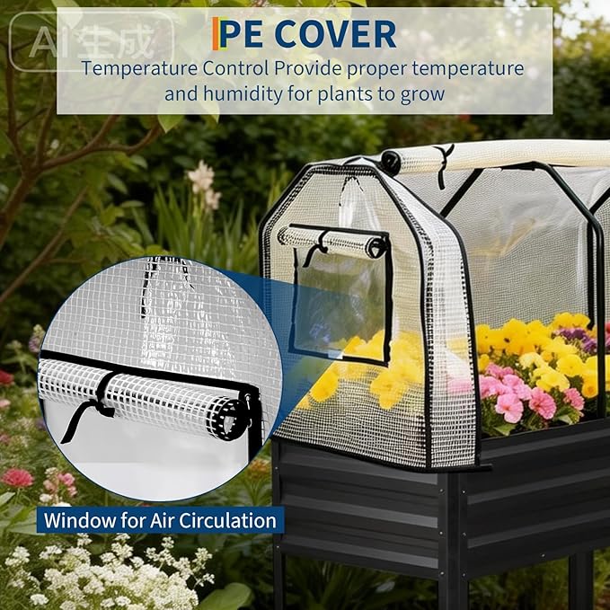PeakPursuit Raised Garden Bed with Greenhouse Cover Raised Bed with Legs &amp Built-in Spray Tube for Vegetables Galvanized Metal Elevated Planter Box for Patio Backyard Balcony