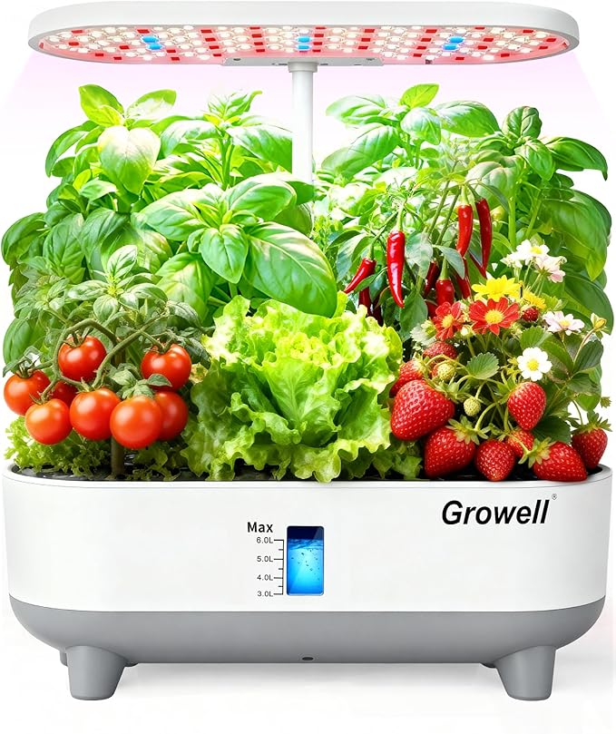 Hydroponics Growing System Kit 16 Pods Vertical 8L Indoor Gardening System for Herb Vegetable Fruit with LED Grow Light Smart Water Circulation 3 Light Modes &amp 2 Timer White