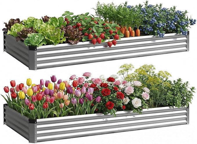 2PCS 6x2x1 FT Rectangle Metal Raised Garden Bed Kit Elevated Garden Planter Box Outdoor Large Planters for Outdoor Plants Flower Vegetables Fruit Herbs (Silver)