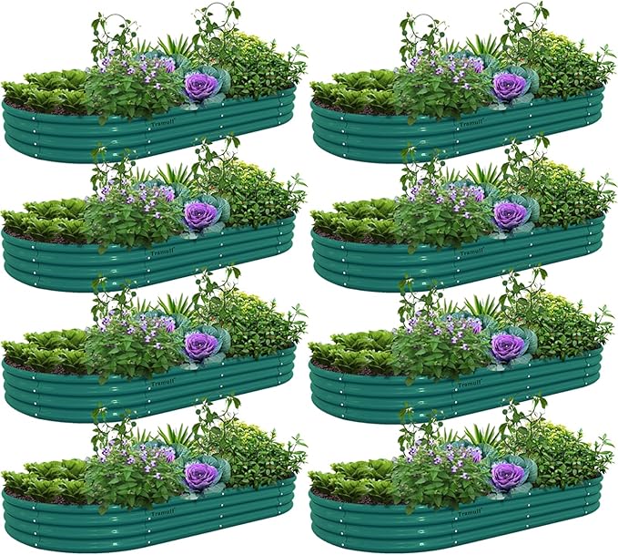 8 Pack 8x4x1FT Galvanized Raised Garden Bed Kit Oval Metal Ground Planter Box Outdoor Bottomless Planter Raised Beds for Vegetables Flowers Herbs Fruits Green