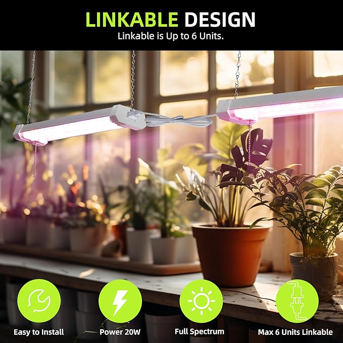 Hlite 4 Pack 16inch Adjustable Full Spectrum Plant Growing Lamps- Linkable Grow Lights for Indoor Plants Plug and Hanging Design with On/Off Switch Hanging Grow Light from Seedling to FloweringWhite
