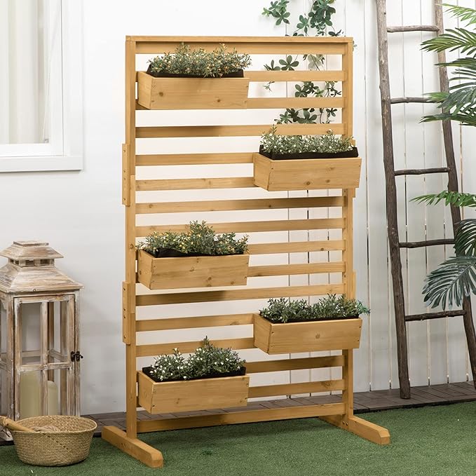 Wooden Plant TrStand with 5 Hanging Planter Boxes Freestanding Outdoor Plant Stand for Patio Garden Balcony Porch
