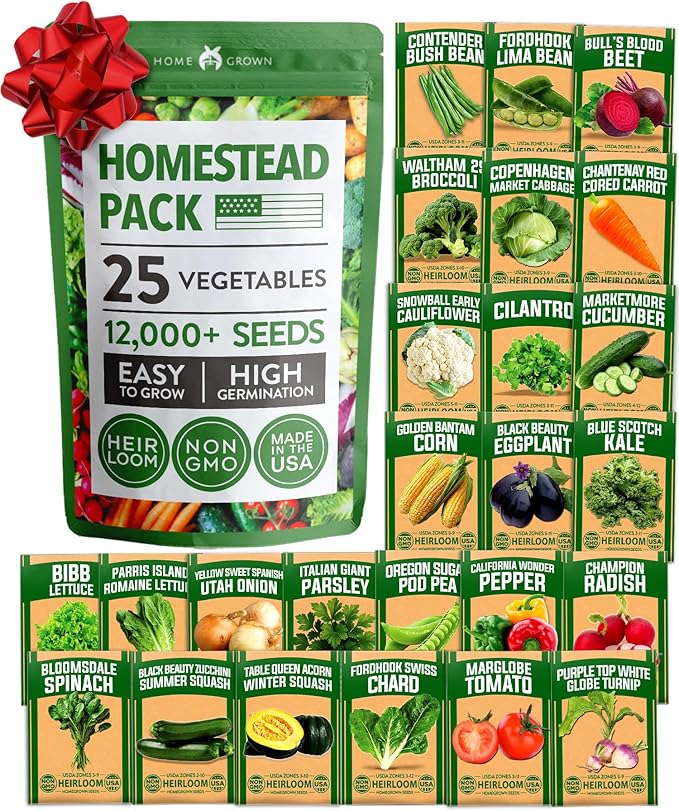 HOME GROWN 25 Heirloom Vegetable Seeds Kit - 12000+ Non-GMO Seeds for Planting Vegetables Survival Garden Seed Vault Tomatoes Carrots Beans Kale Peppers Indoor Outdoor Garden