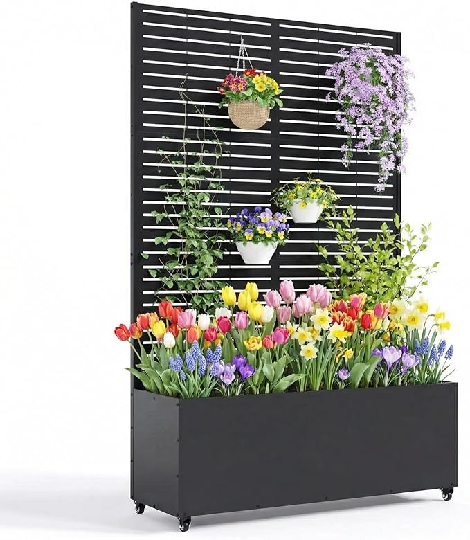 Metal Planter Box with Trellis 47X16X71 Raised Garden Bed w/Wheels Galvanized Metal Privacy Screen for Climbing Plants Vegetables Vines Patio Planters with Drainage Holes 16 Deep Bed