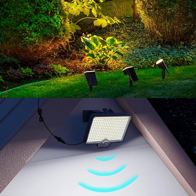 4 Pack 63 LED 3 Lighting Modes IP65 Waterpoof Solar Spot Warm Lights and 2 Pack 294 LED IP67 Solar Flood Lights