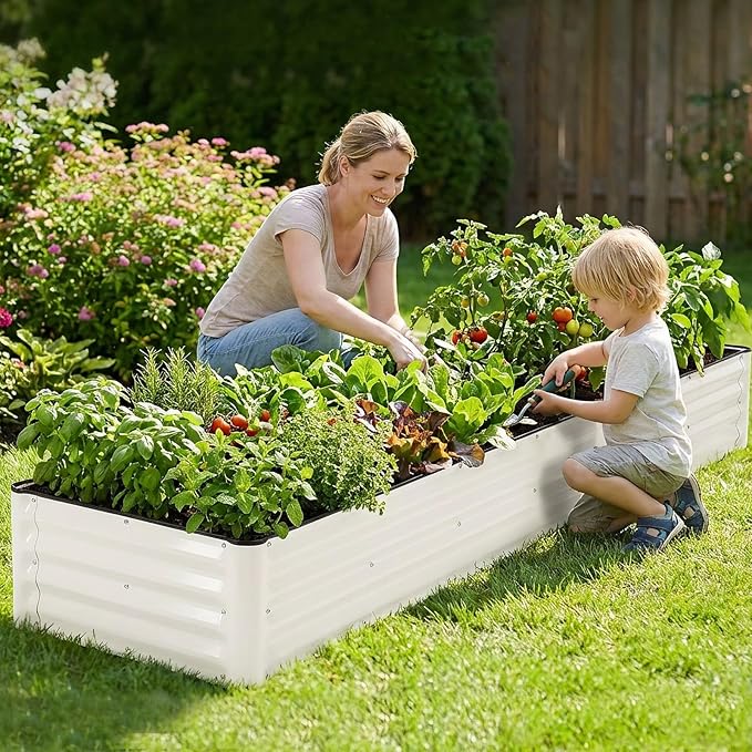 Galvanized Raised Garden Bed – 1 Pack 8x2x1 Ft Patented Leak-Proof Planter Box Outdoor Gardening Metal Raised Garden Beds Kits for Veggies Herbs &amp Flowers (White)