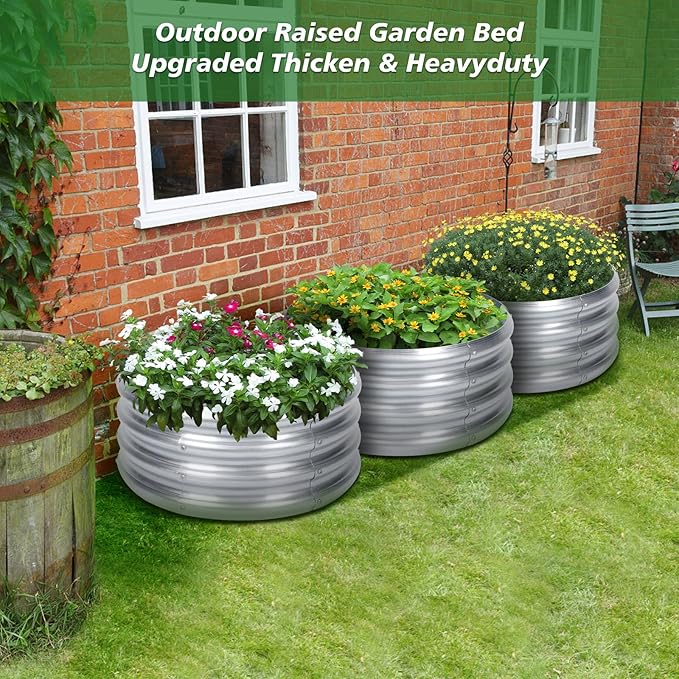 PINPON 3 Pack 2x2x1ft Round Galvanized Raised Garden Bed Outdoor Silver Metal Planter Box for Vegetables Herbs Flowers